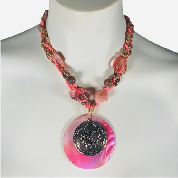 Orange and pink toned micro beaded braid necklace with seashell accent - Picture 1 of 3